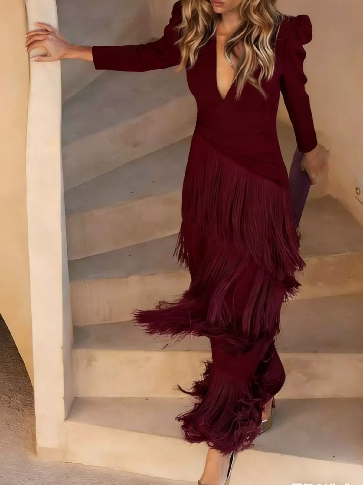Fringed V-Neck Puff Sleeve Maxi Dress