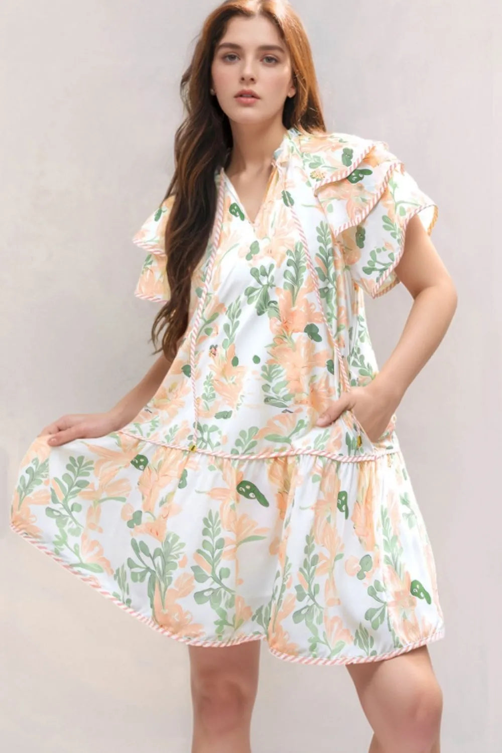 Floral Tie Neck Layered Dress in Sherbet