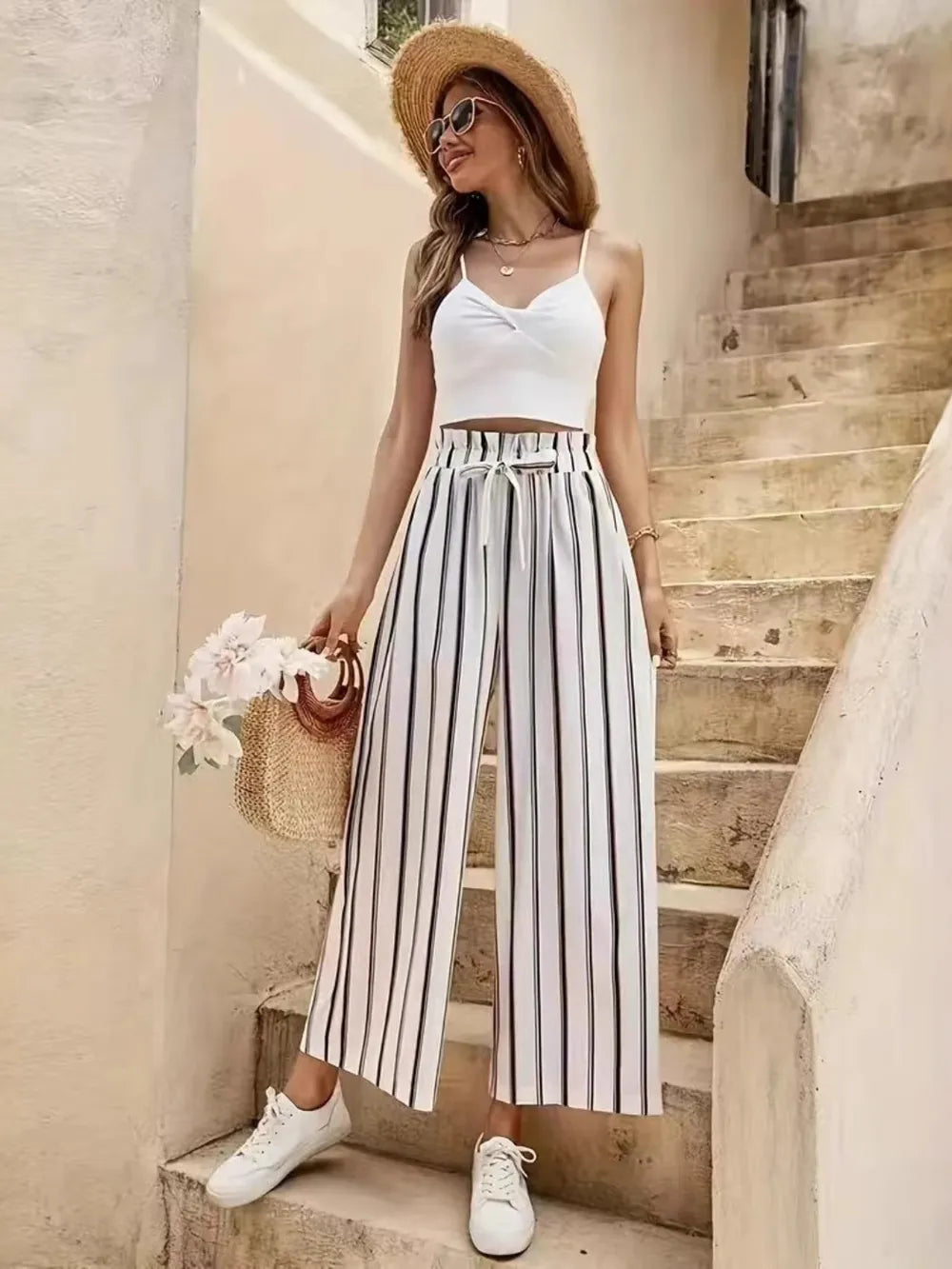 Tied Striped Wide Leg Pants