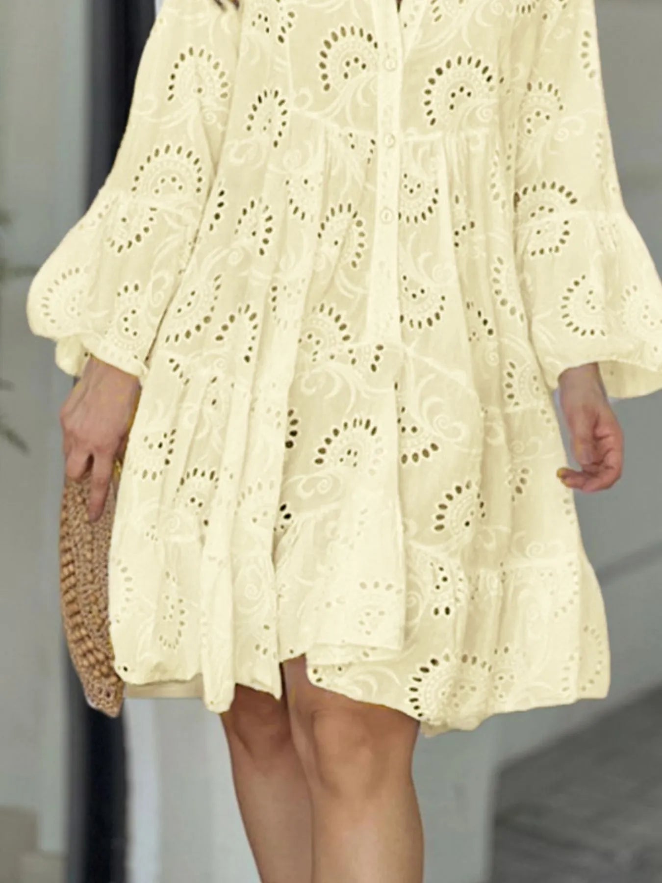 Eyelet V-Neck Tiered Ruffle Dress