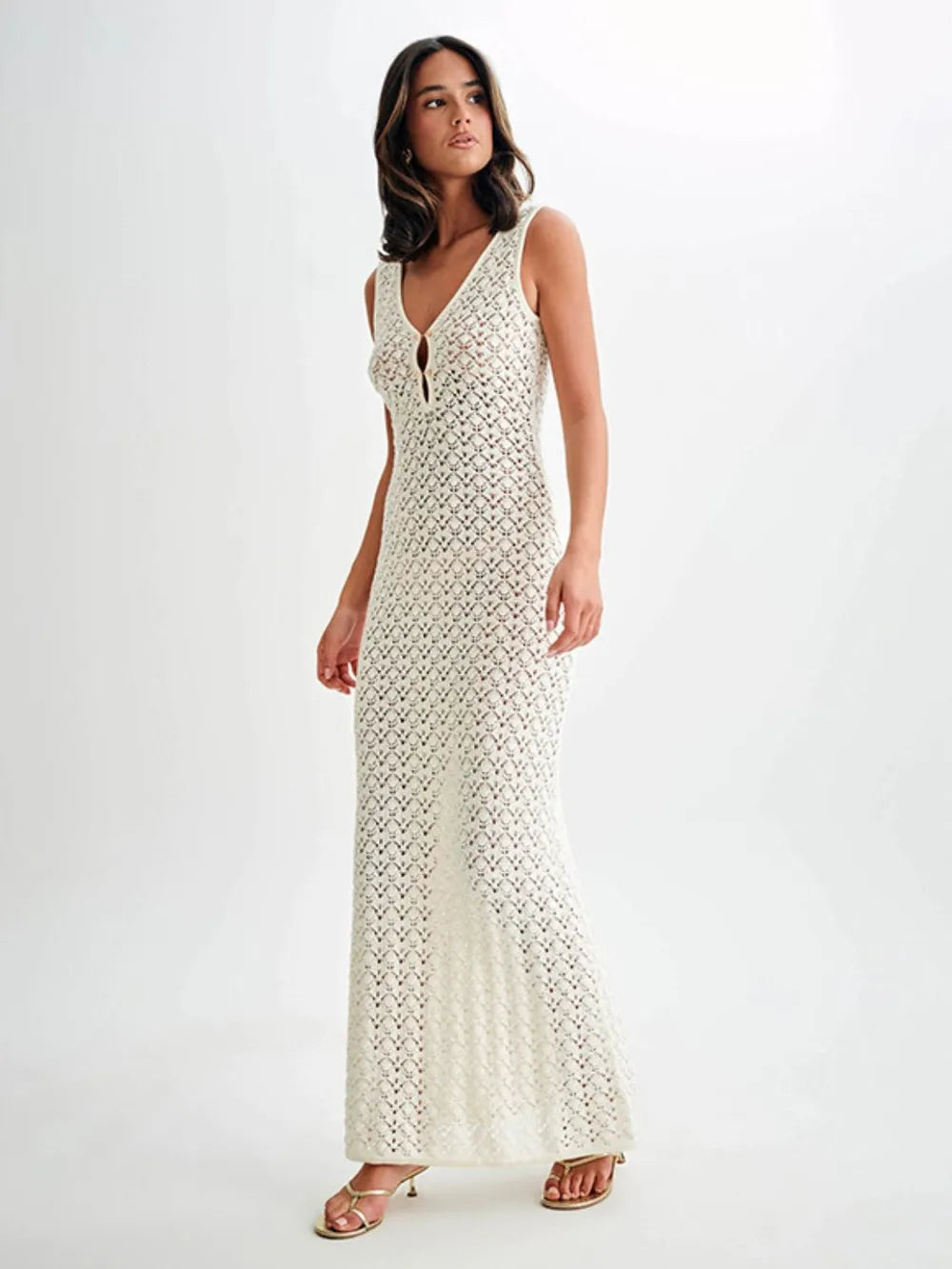 Openwork Sleeveless Maxi Dress with Sheer Detail by D&J Apparel