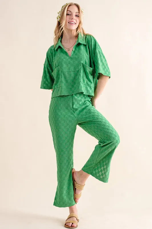 And The Why Checkerboard Print Top in Green