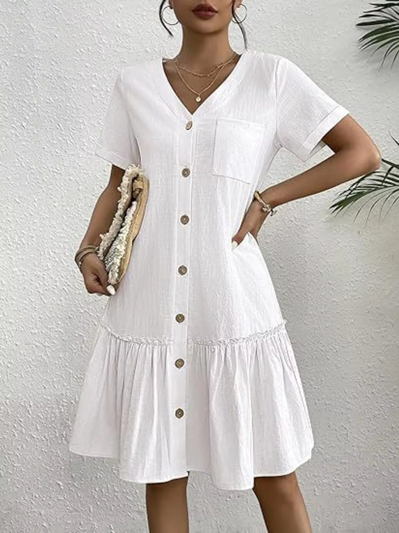 Button-Down Ruffle Hem Mini Dress