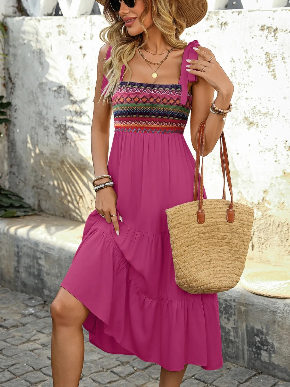Tie-Shoulder Tiered Midi Dress in Cerise
