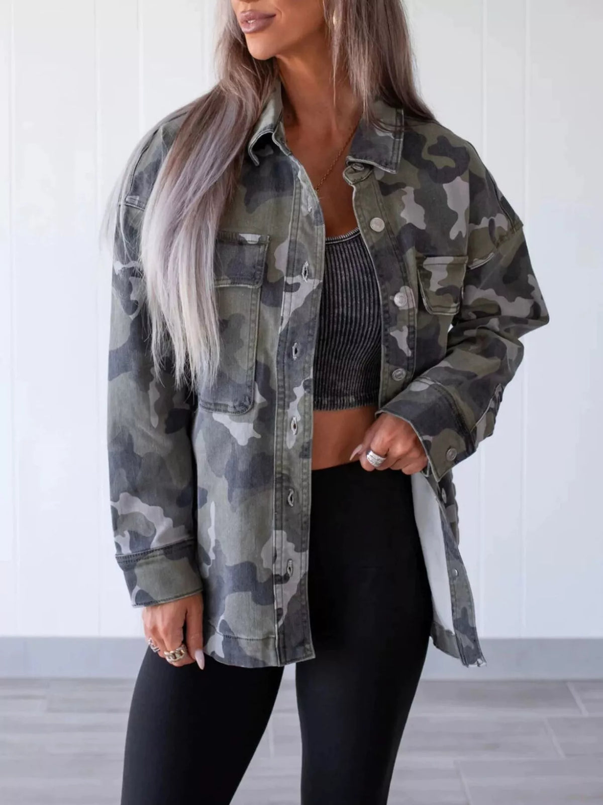 Green Camouflage Print Denim Jacket