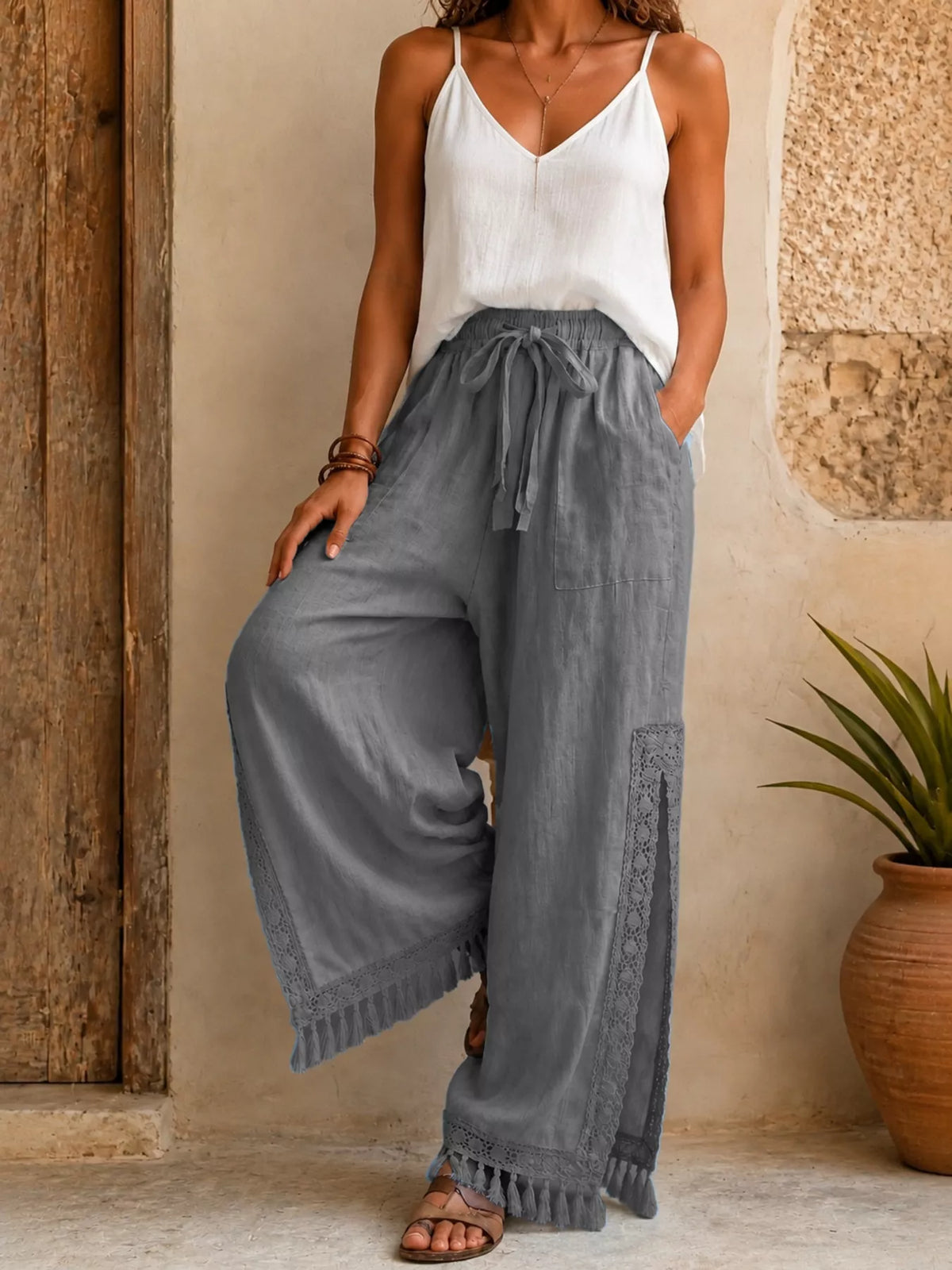 Lace-Detail Slit Wide Leg Pants