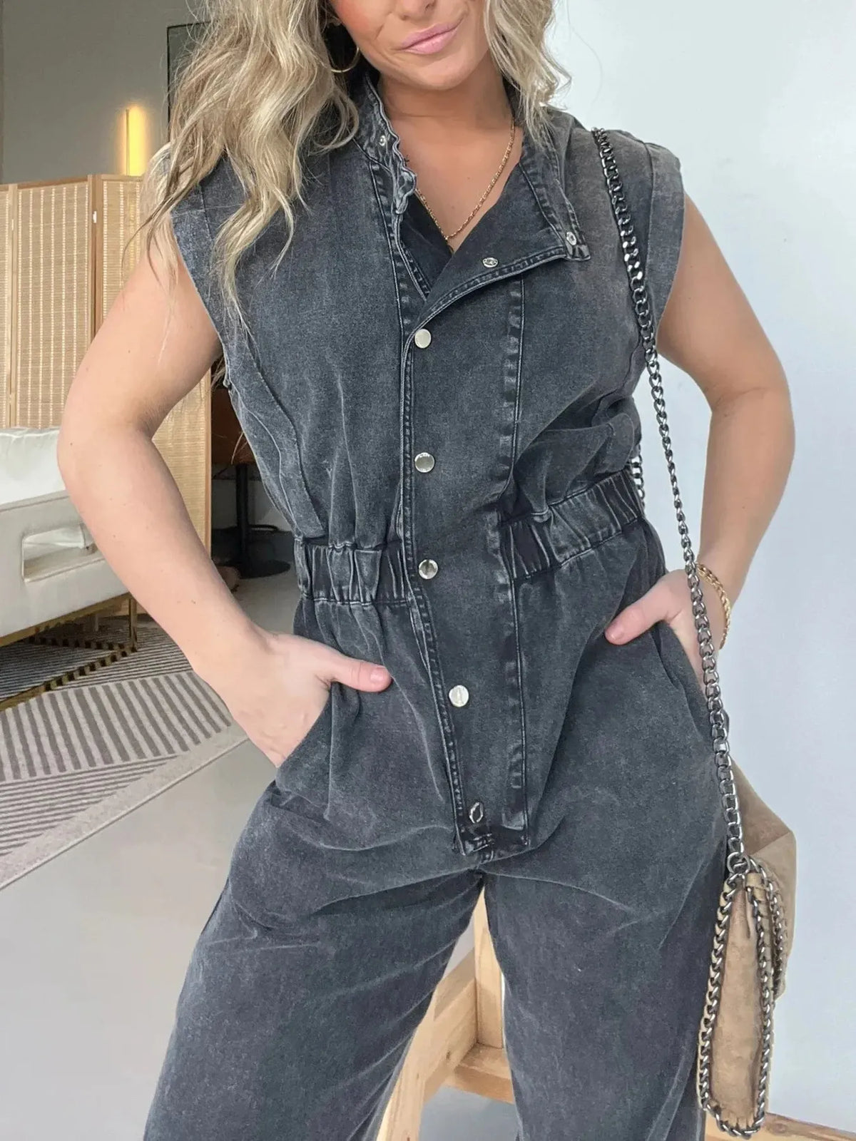 Button Front Cap Sleeve Denim Jumpsuit