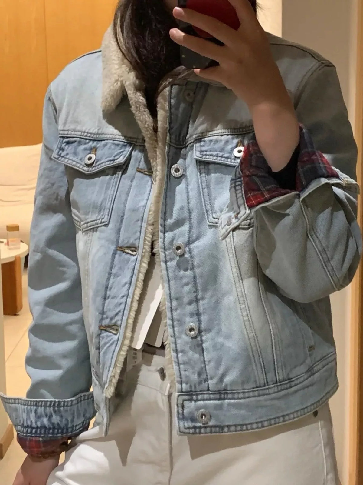 Red Plaid Sherpa-Lined Denim Jacket in Red-Plaid