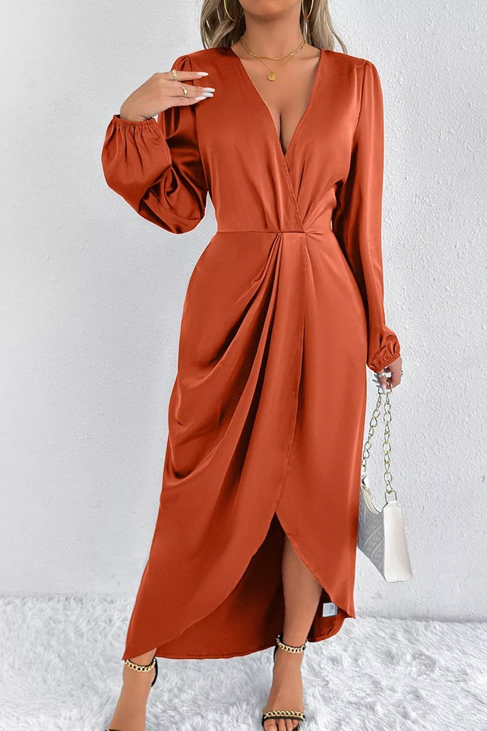 Satin Balloon Sleeve Midi Dress with Side Split