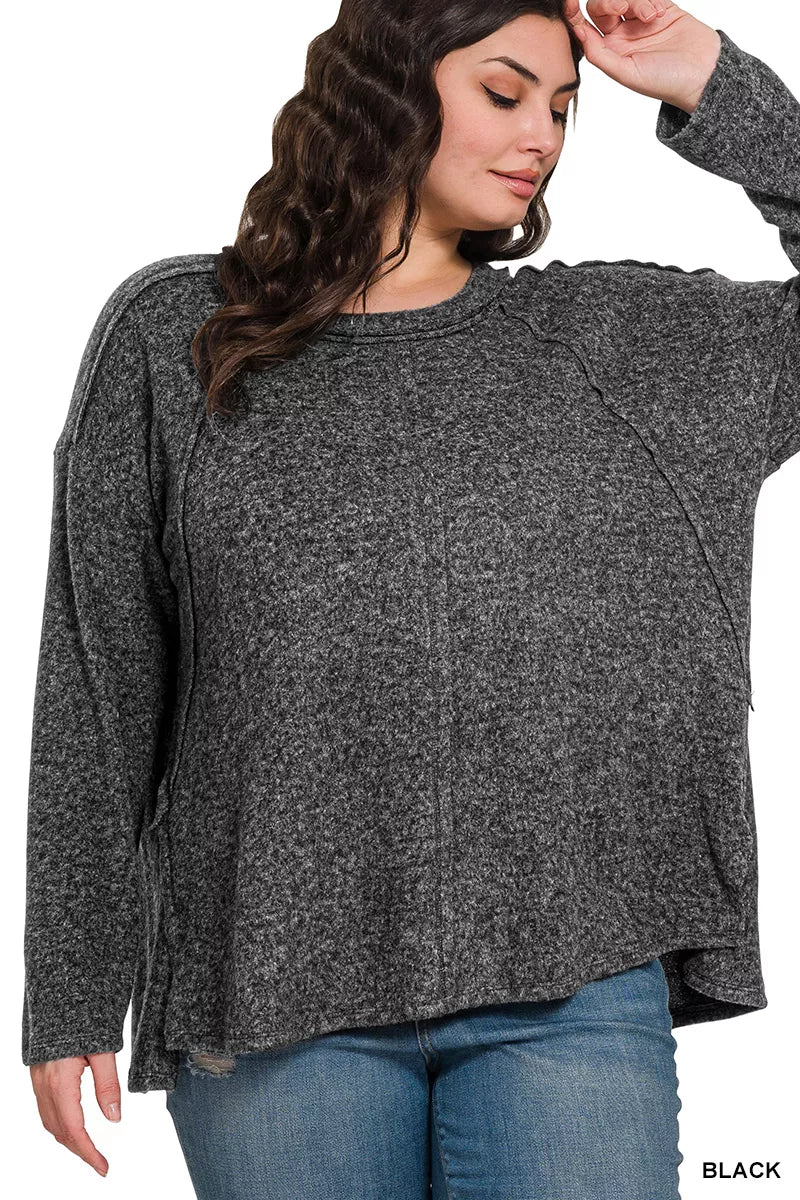 Zenana Plus Size Brushed Hacci Hi-Low Sweater in Black