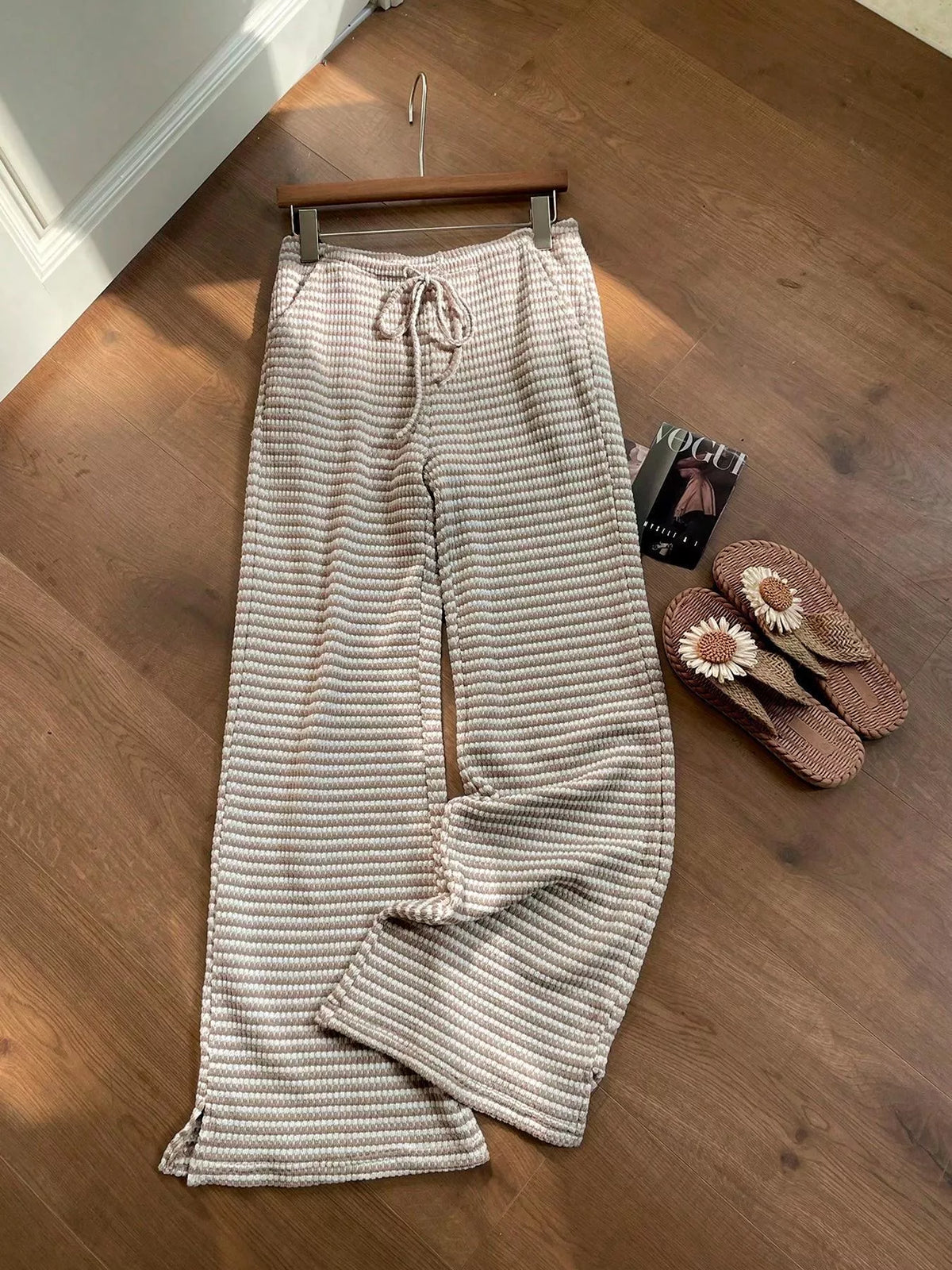 Wide Leg Drawstring Pants with Side Slit