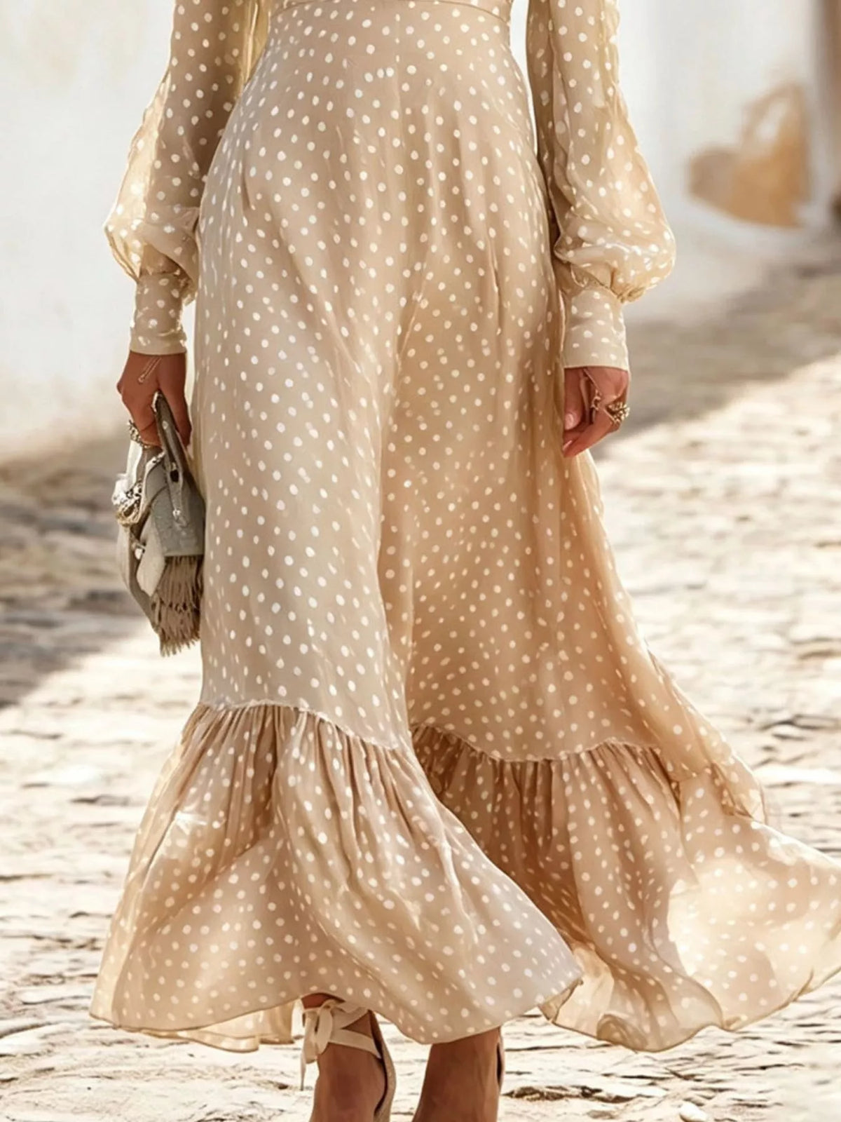 Polka Dot Ruffle V-Neck Maxi Dress