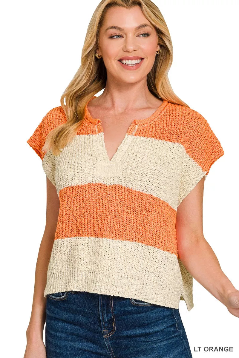 Zenana Split Neck Sleeveless Stripe Sweater in Light Orange in Lt orange