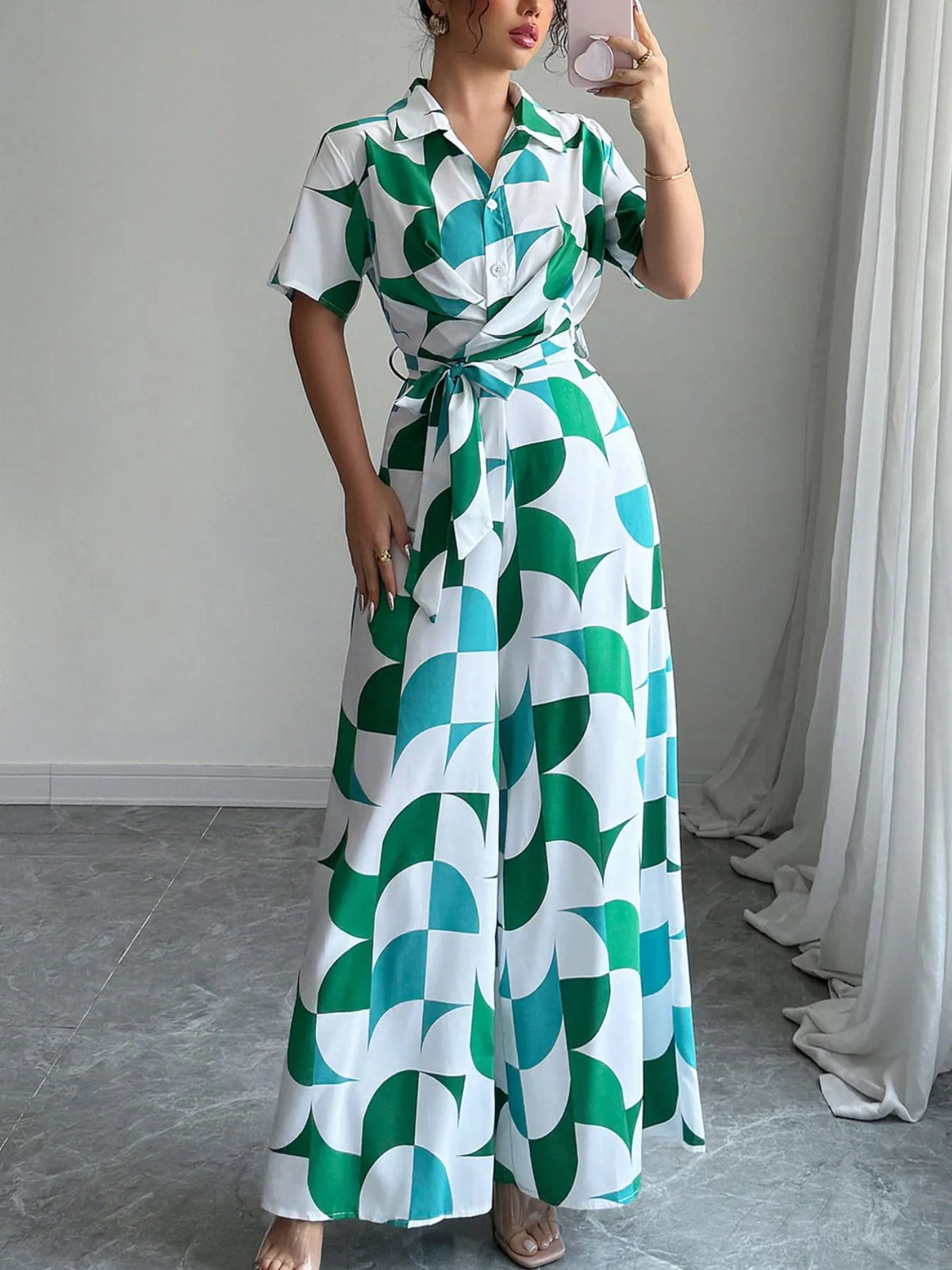 Printed Wide-Leg Belted Jumpsuit in Turquoise