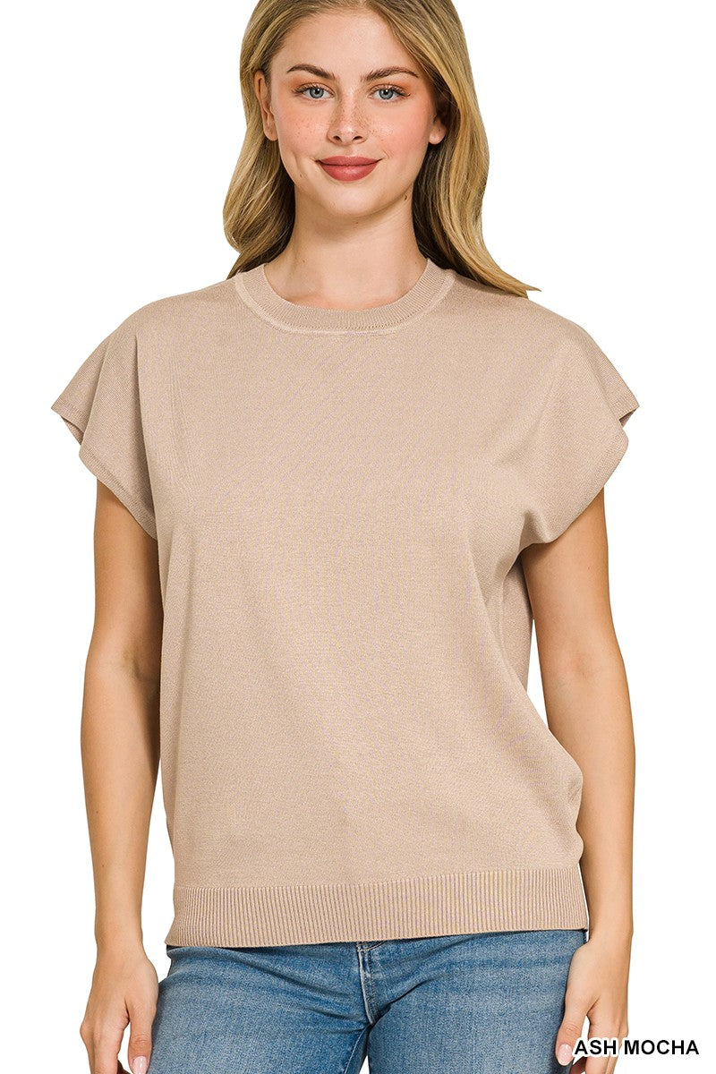 Zenana Round-Neck Flutter Sleeve Sweater in Ash Mocha