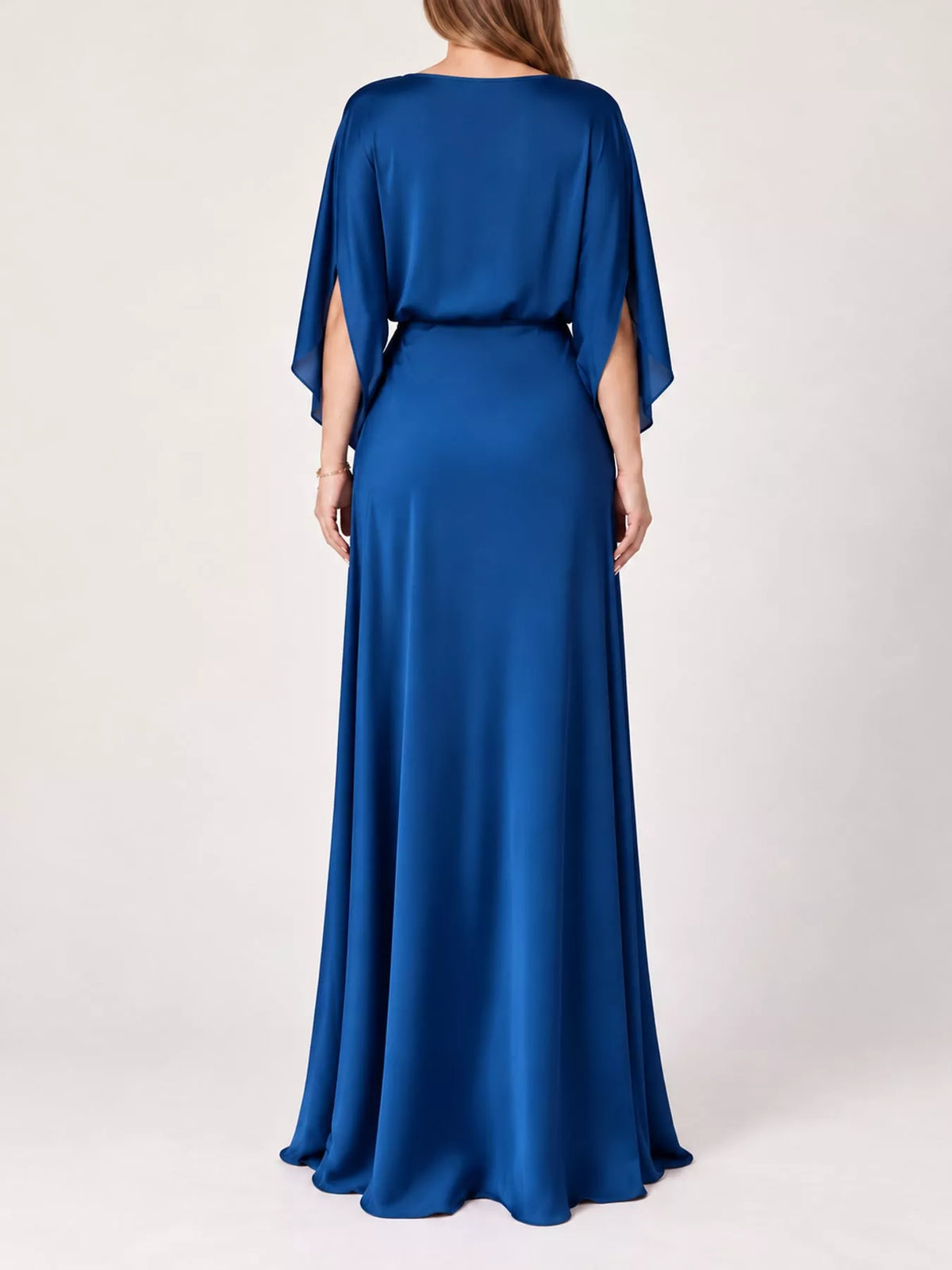 Satin Cape-Sleeve Maxi Dress