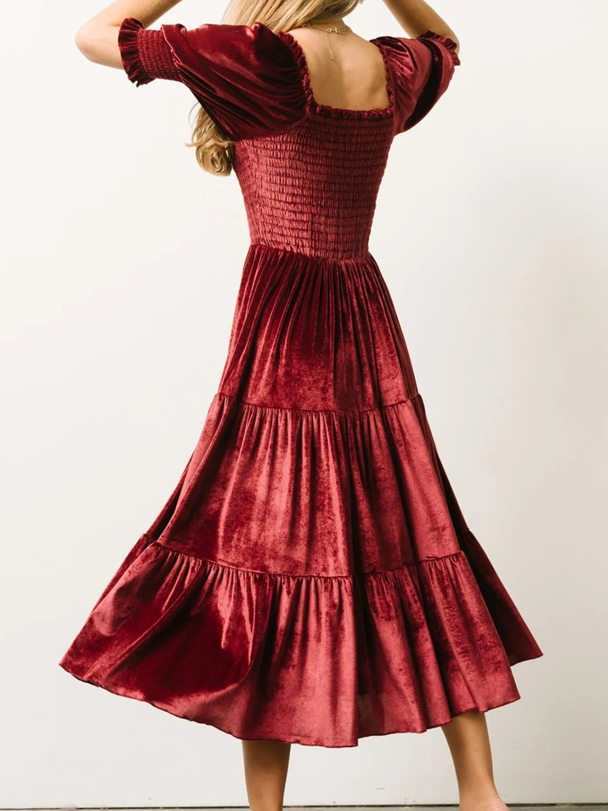 Smocked Half-Sleeve Tiered Midi Dress