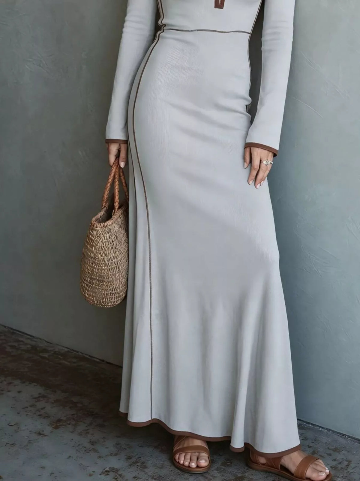 Contrast Trim Zip-Up Knit Maxi Dress