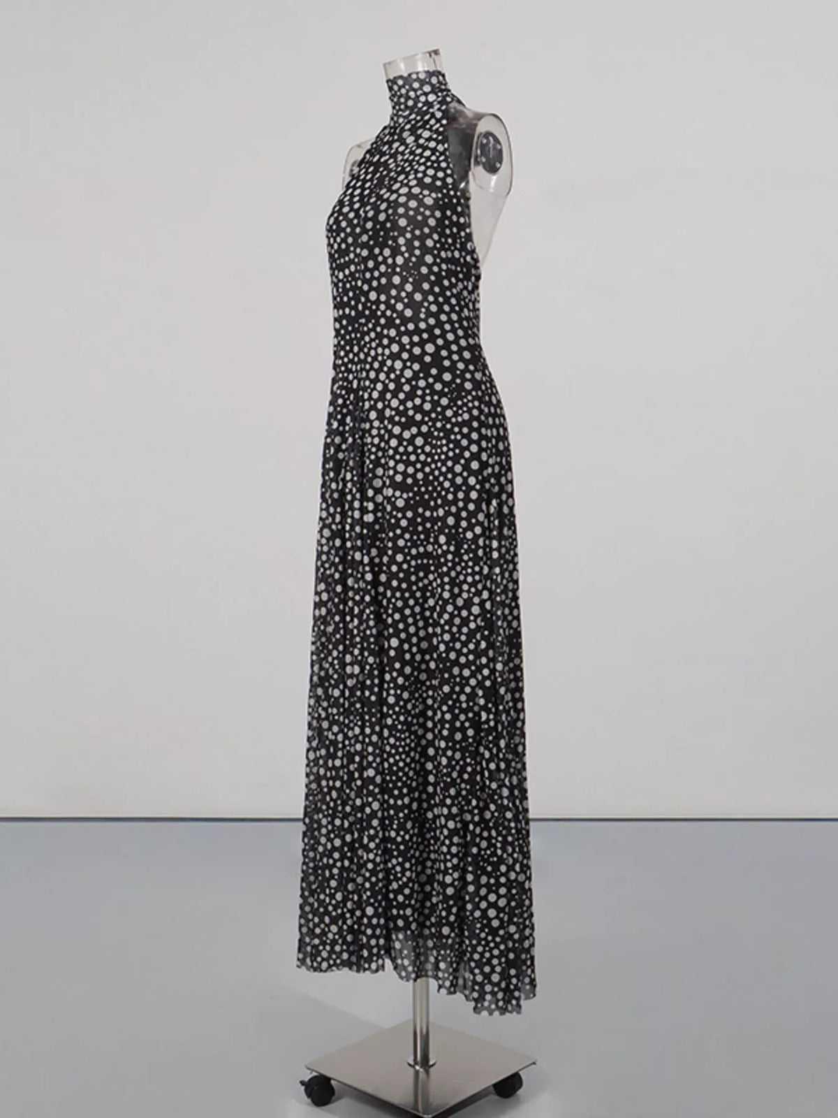 Halter Neck Polka Dot Maxi Dress in Black