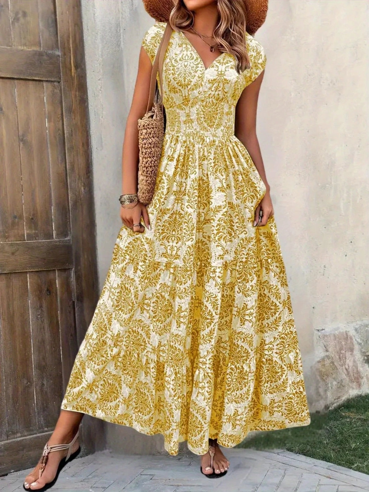 Printed Cap Sleeve Tiered Maxi Dress