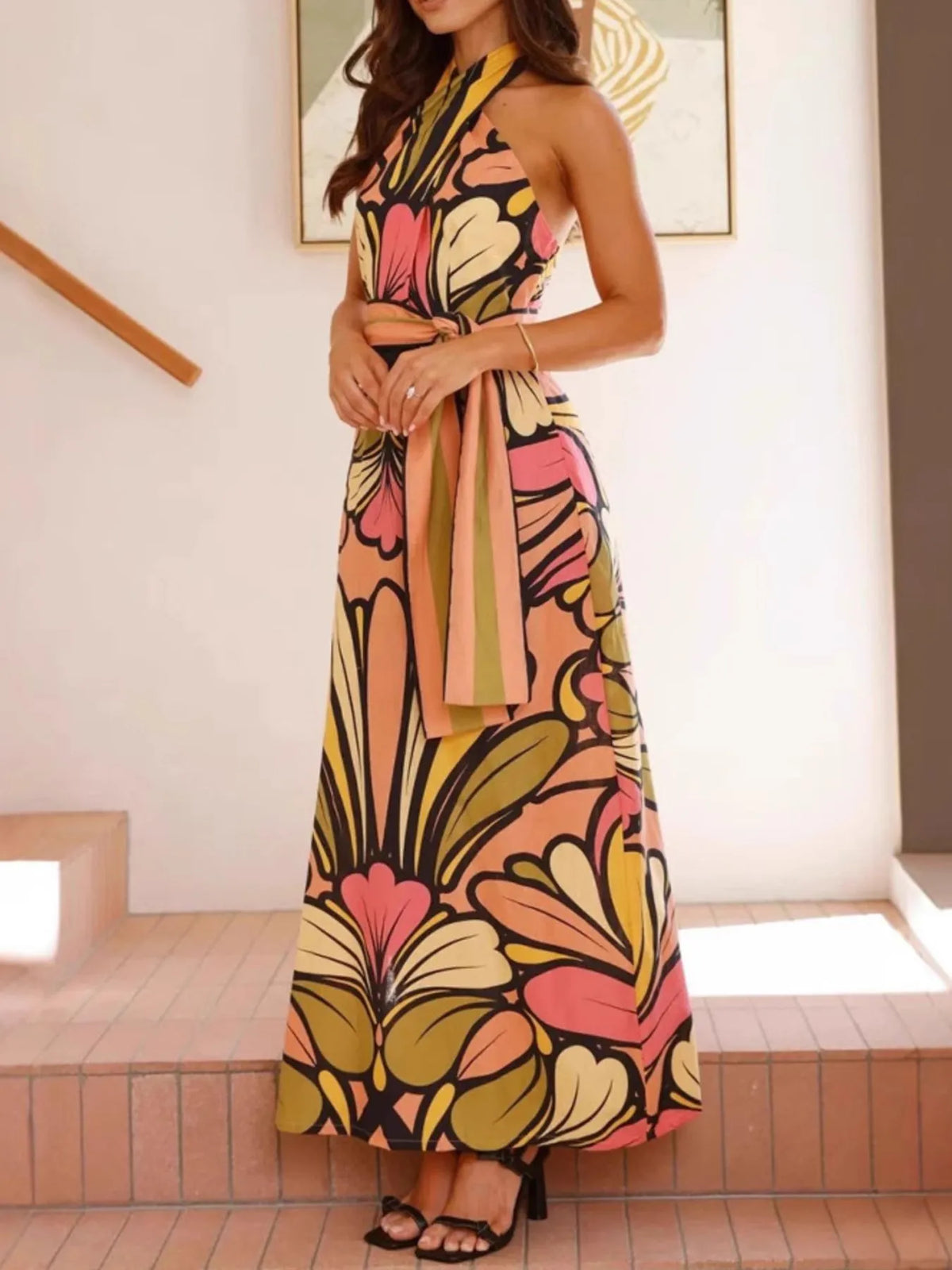 Printed Halter Maxi Dress in Multicolor