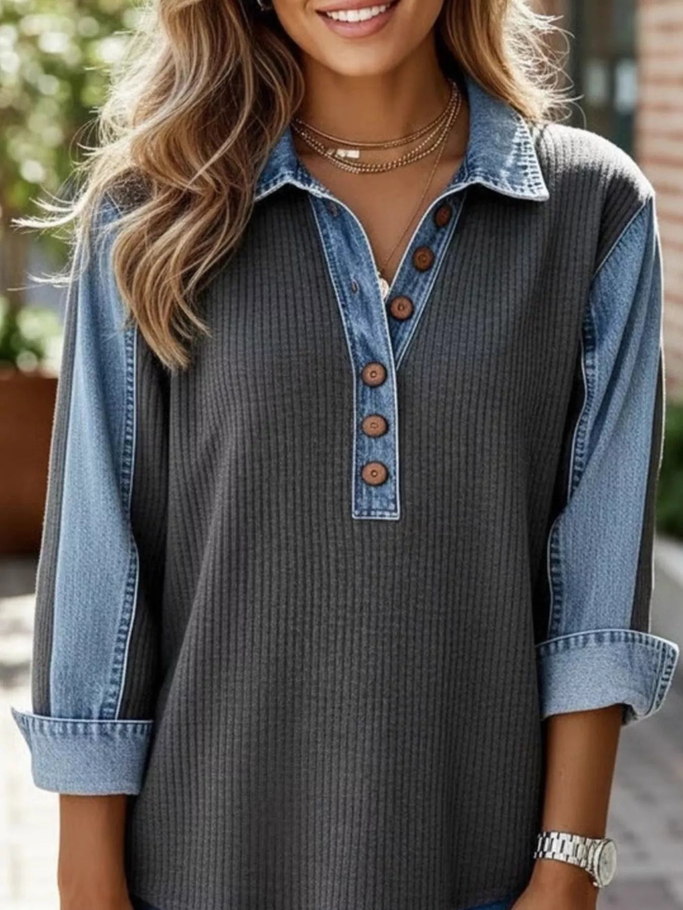 Denim-Trim Button Detail Sweatshirt