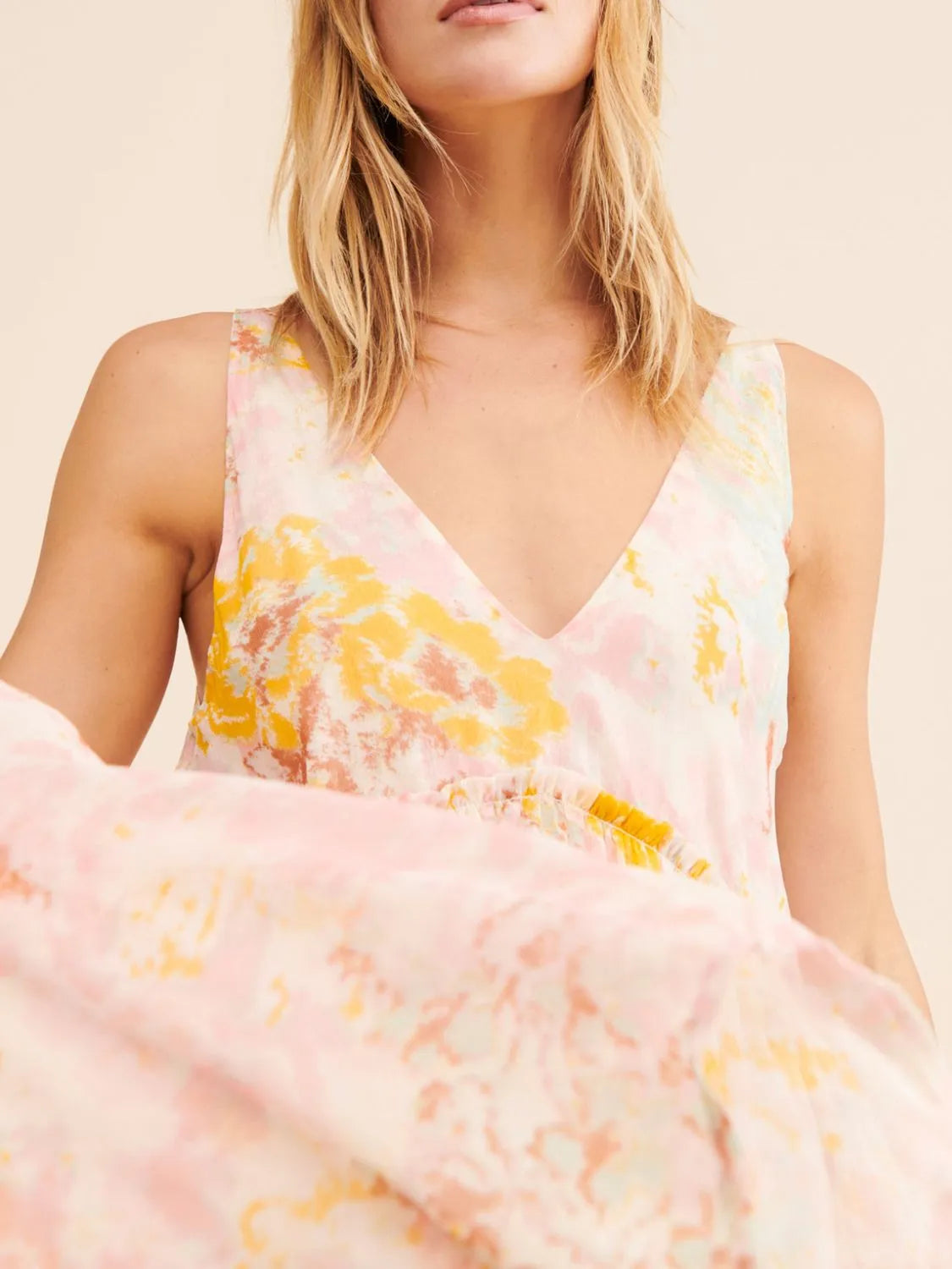 Printed V-Neck Dress with Frill Detail
