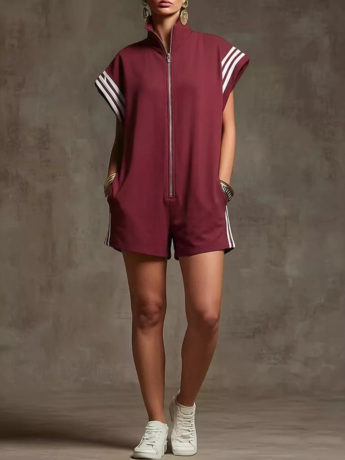 Striped Zip-Front Romper with Pockets