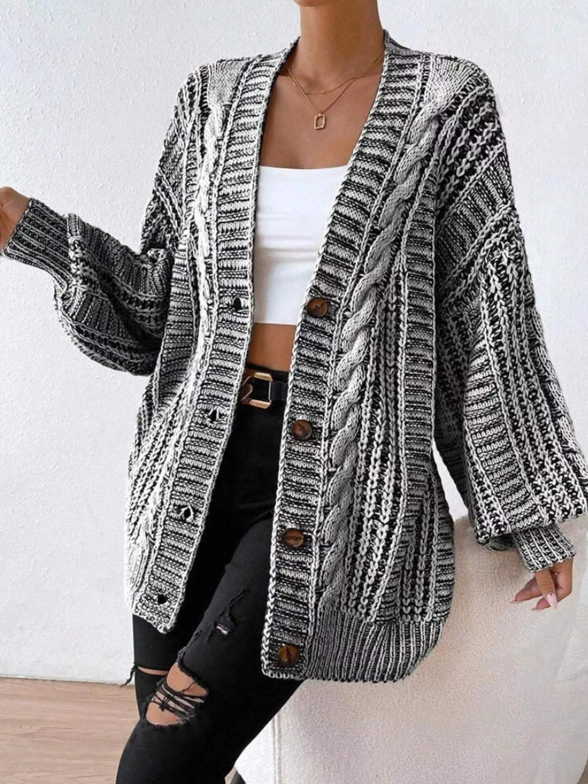 Chunky Cable Knit Button-Down Cardigan in Black