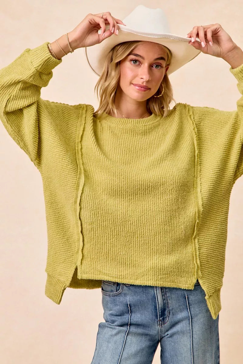 Boucle Uneven Hem Sweater in Lime by BiBi