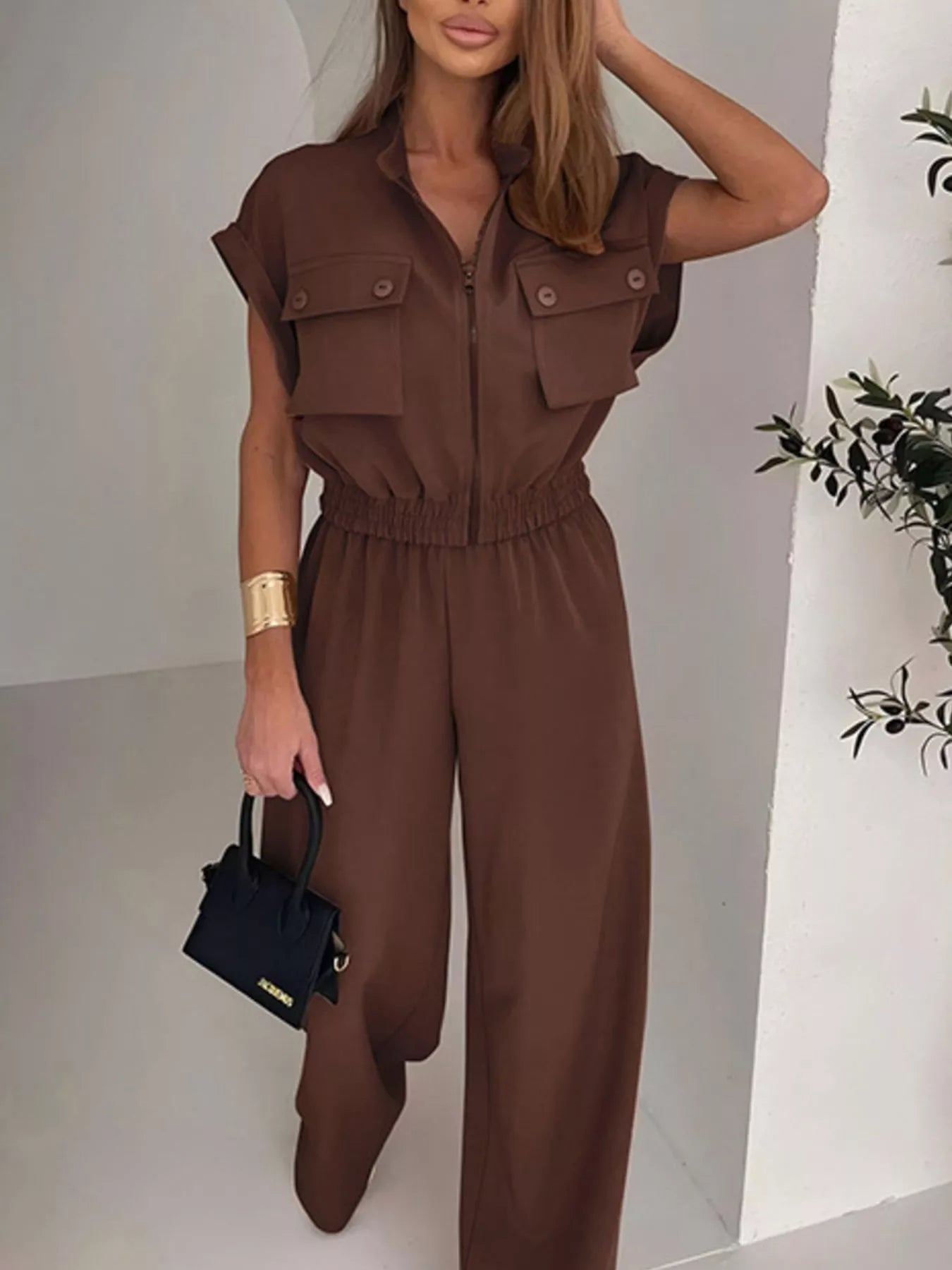 Cargo Pocket Jumpsuit in Brown
