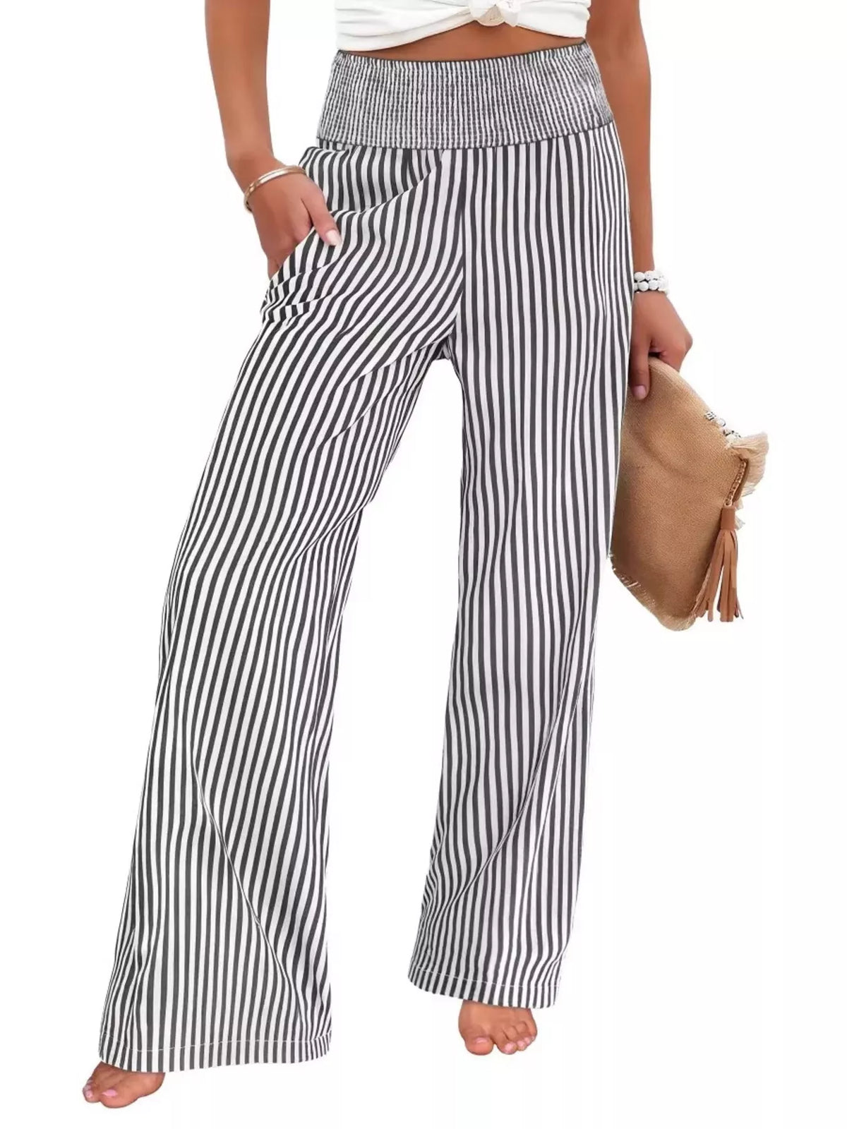 Striped Smocked Wide-Leg Pants