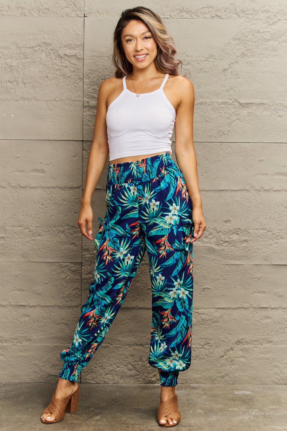 Smocked Plant Print Long Pants in Multicolor