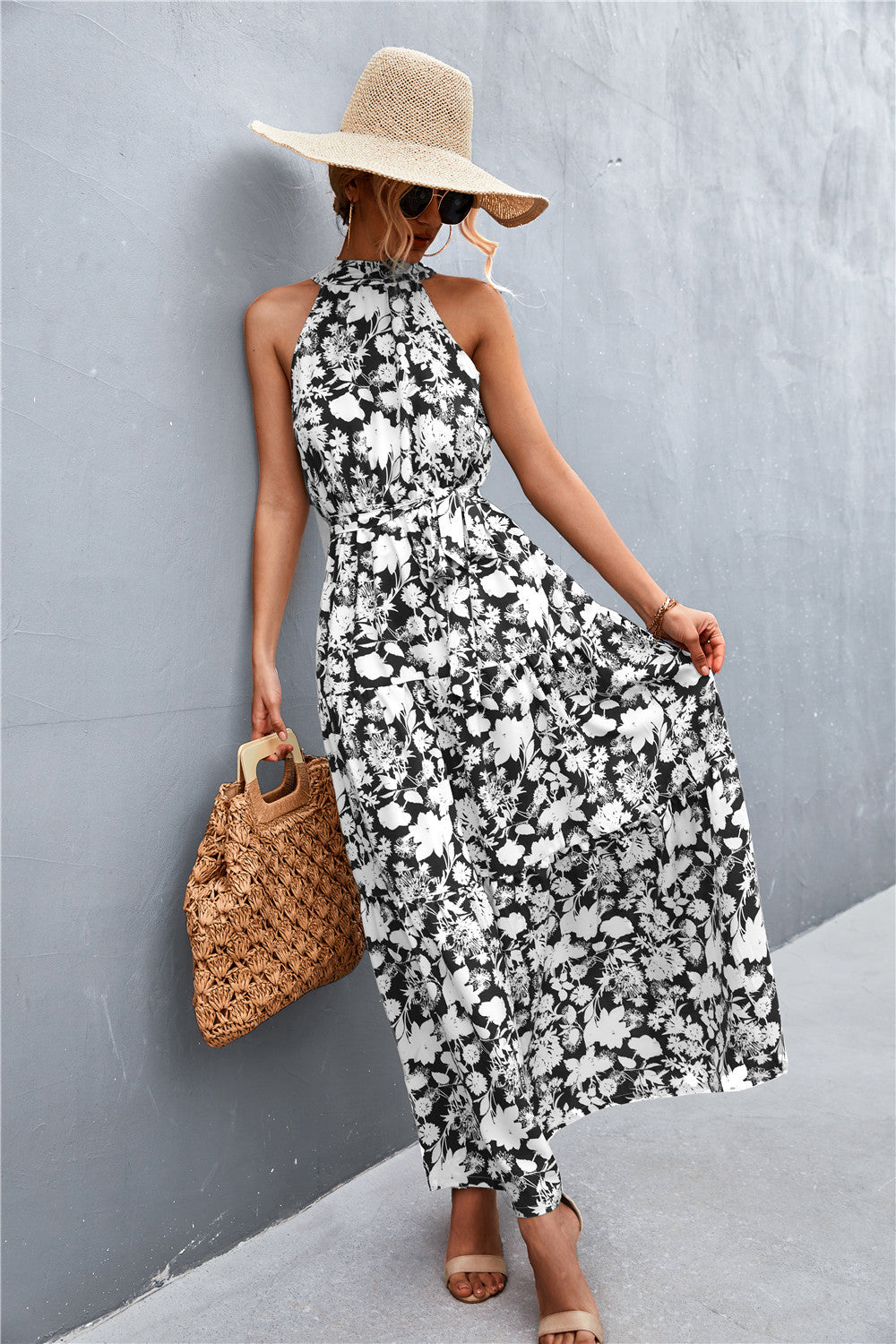 Printed Sleeveless Tie Waist Maxi Dress in Rose Floral in Rose/Floral