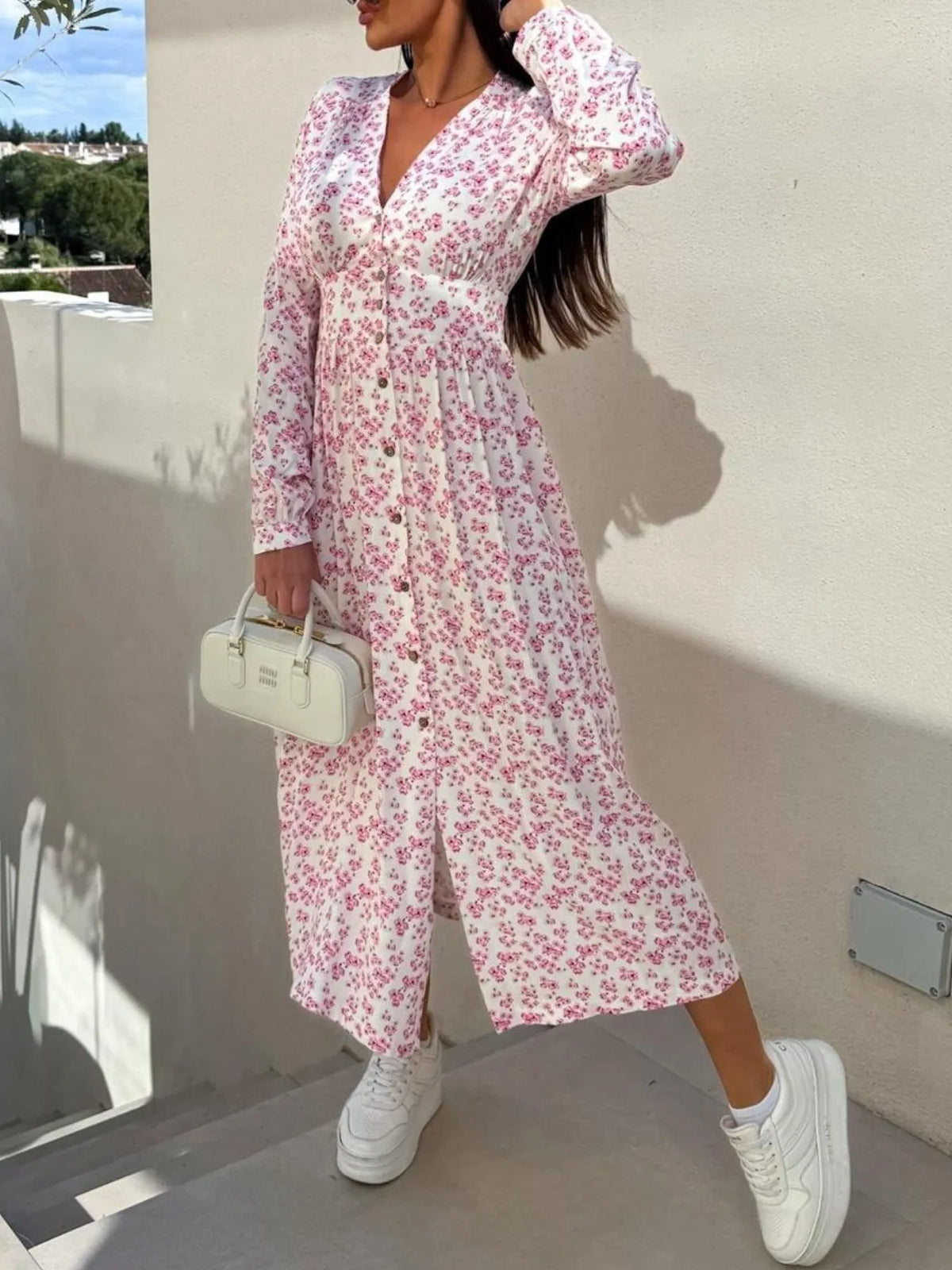 Floral V-Neck Button-Front Dress