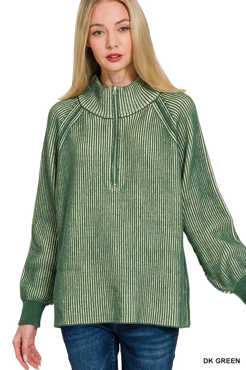 Zenana Ribbed Two-Tone Half Zip Sweater in Dark Green in Dk green
