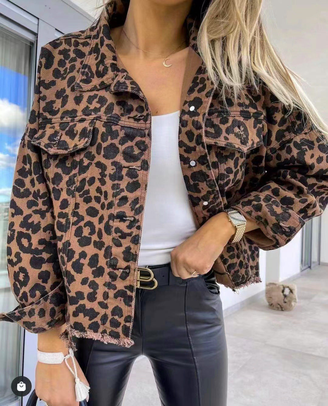 Leopard Print Raw Hem Denim Jacket by X@Y@K