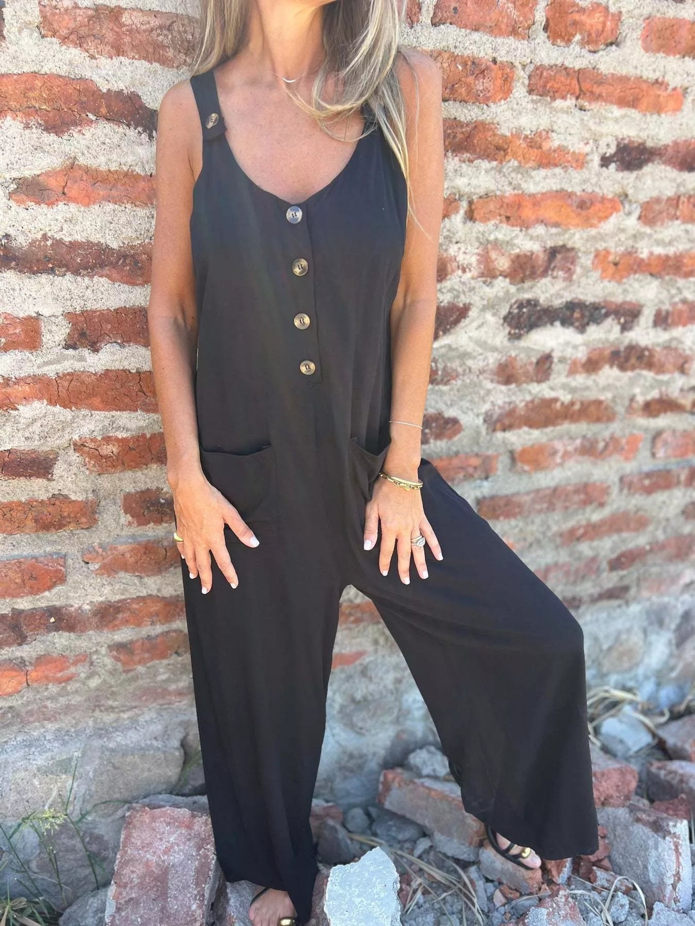 Button-Front Wide Leg Jumpsuit