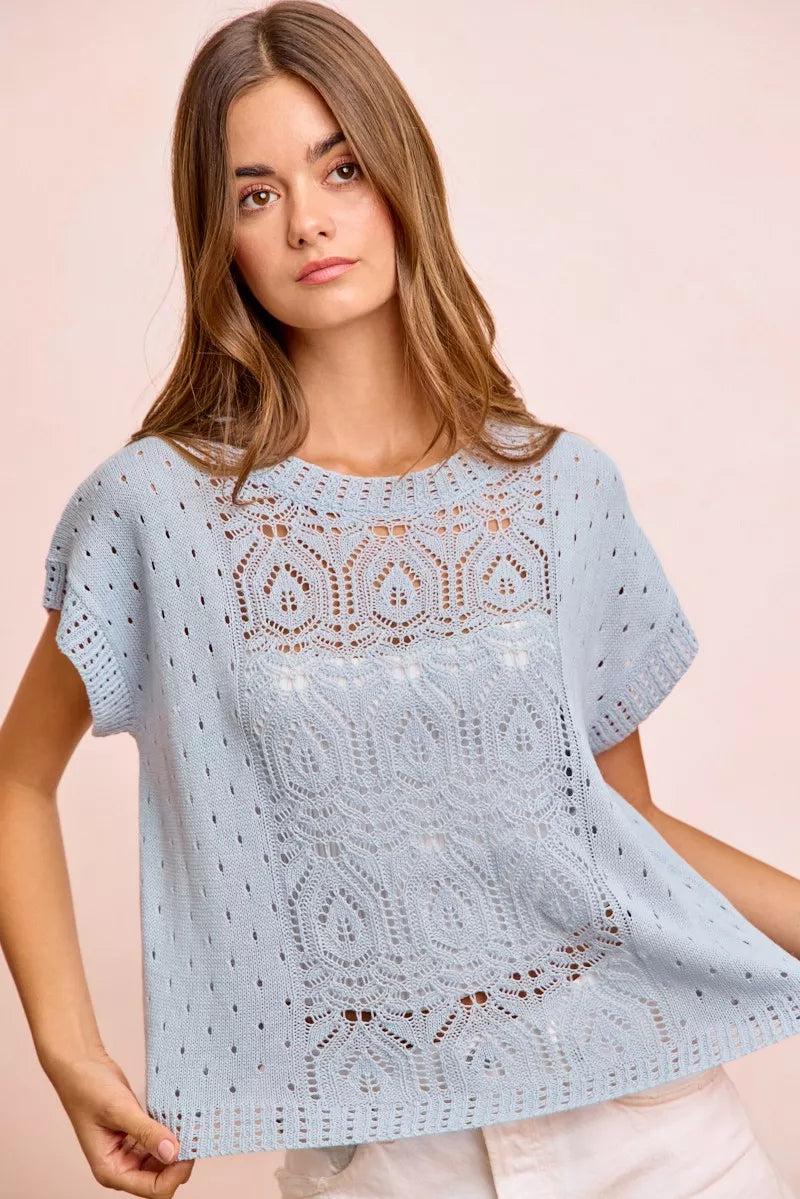 Washed Ice Blue Eyelet Knit Top by BiBi