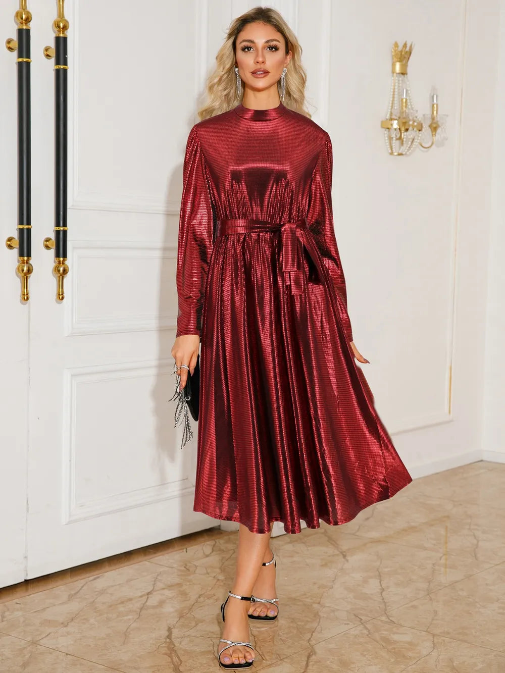 Tie-Waist Long Sleeve Midi Dress