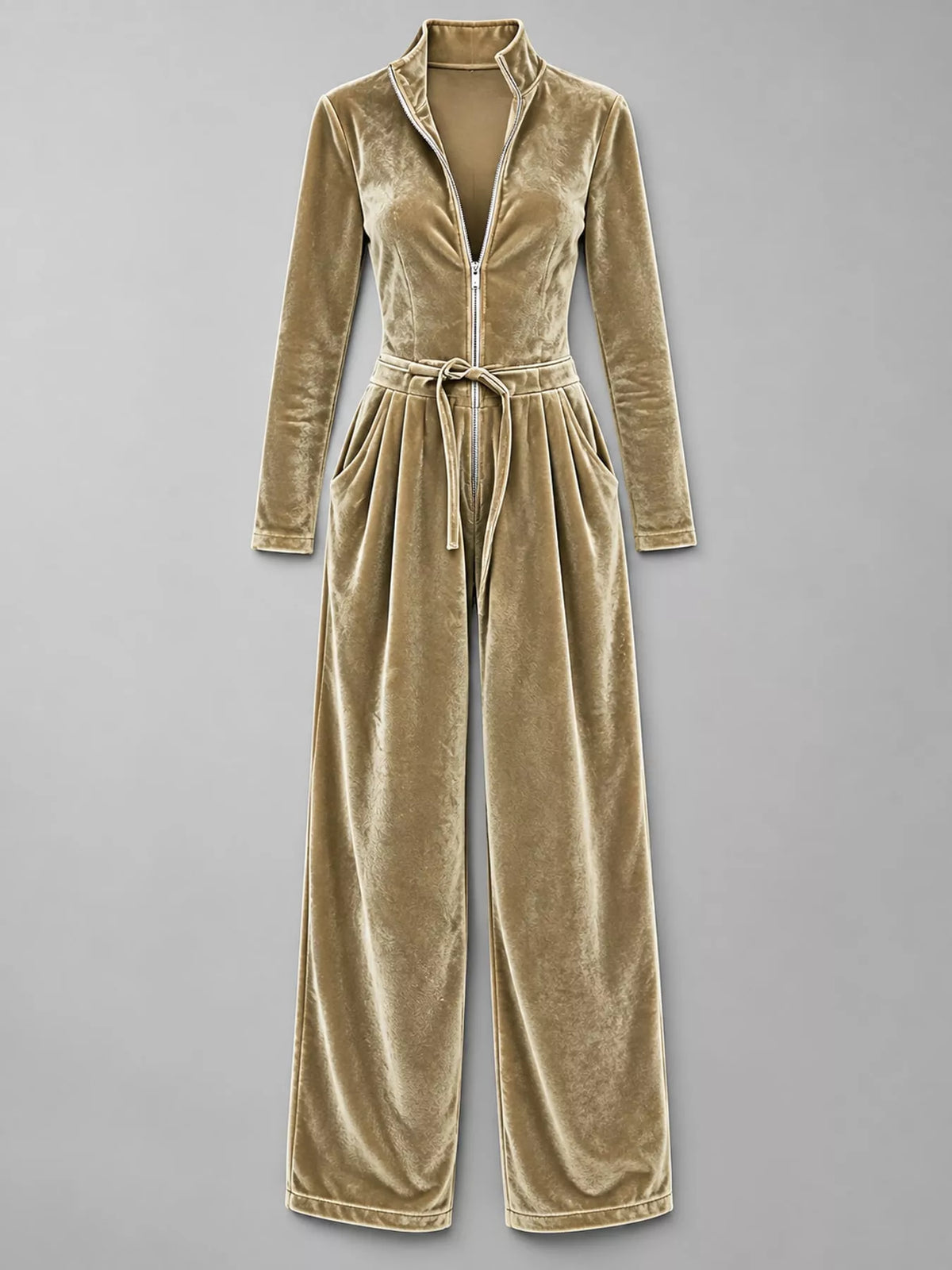 Velvet Zip-Up Jumpsuit with Tie Waist