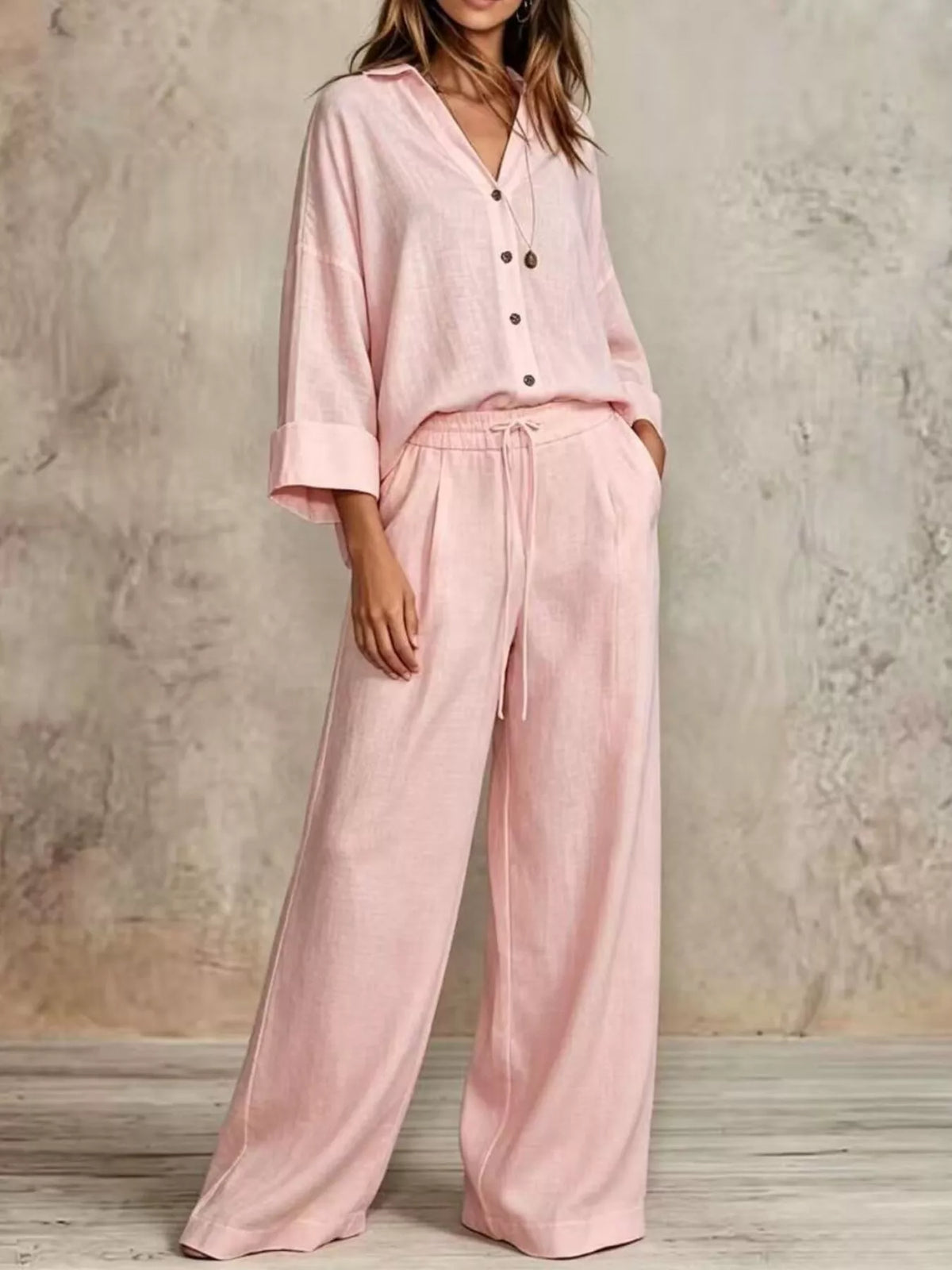 Button-Down Shirt and Wide-Leg Pants Set