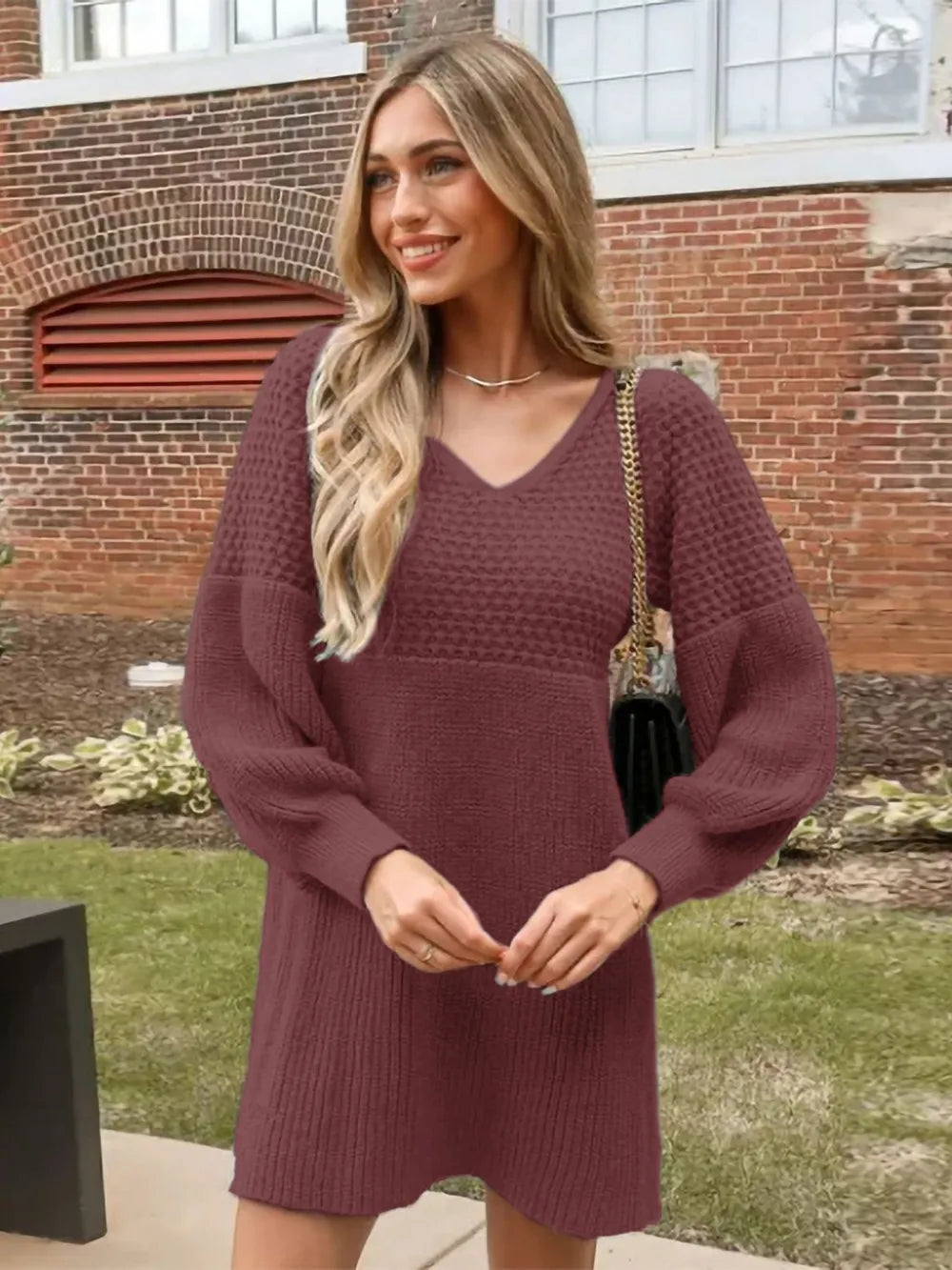 V-Neck Long Sleeve Sweater Dress in Burgundy