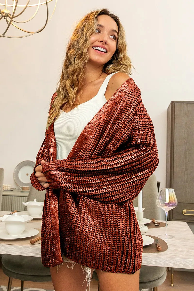Metallic Open Front V-Neck Cardigan in Burnt Orange by BiBi