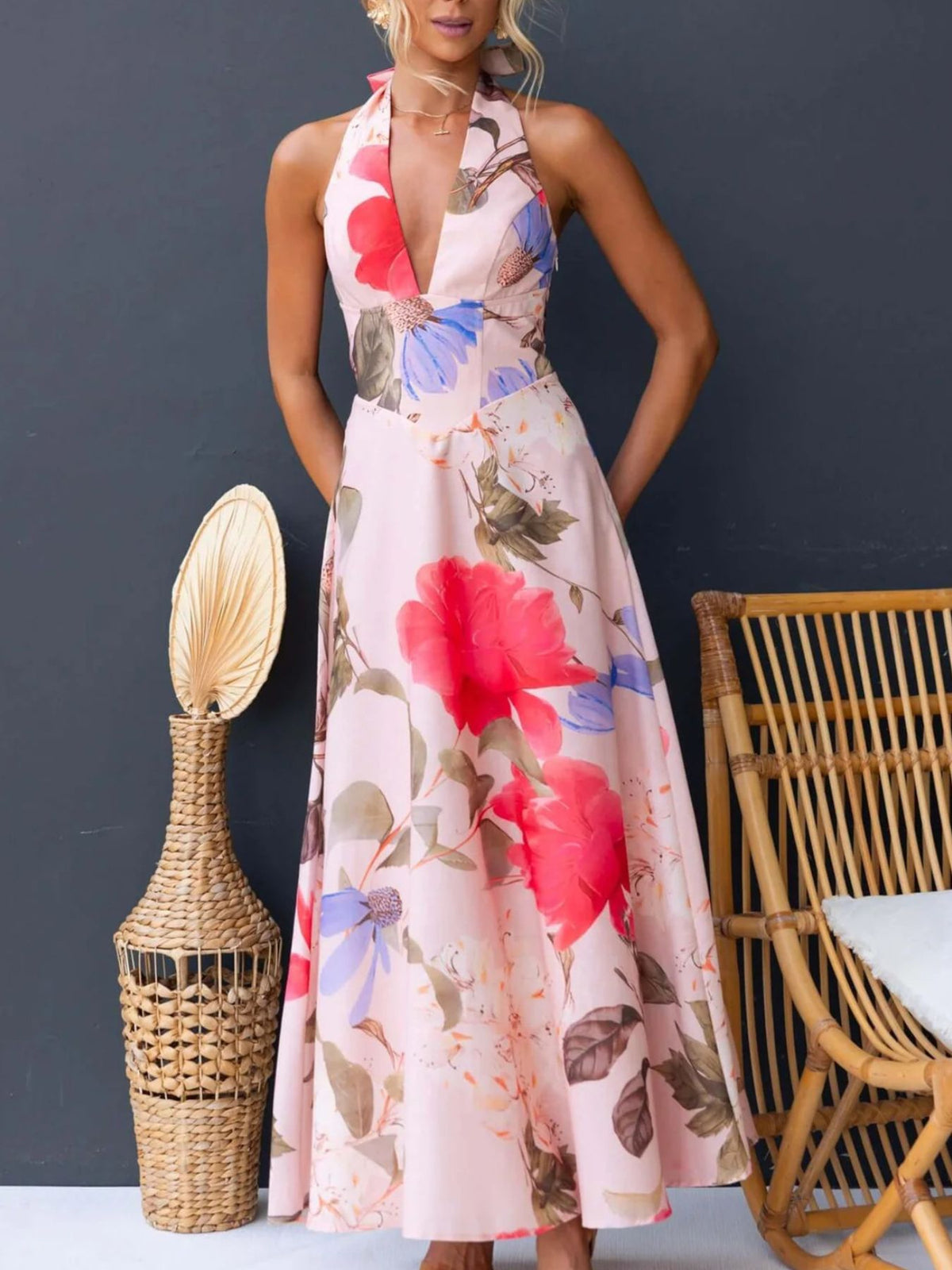 Floral Print Lace-Up Halter Maxi Dress