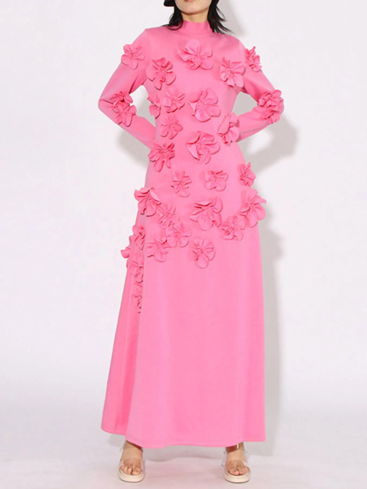Floral Applique Long Sleeve Maxi Dress in Pink