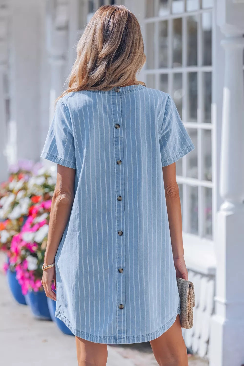 Striped Buttoned-Back Denim Mini Dress in Light Blue