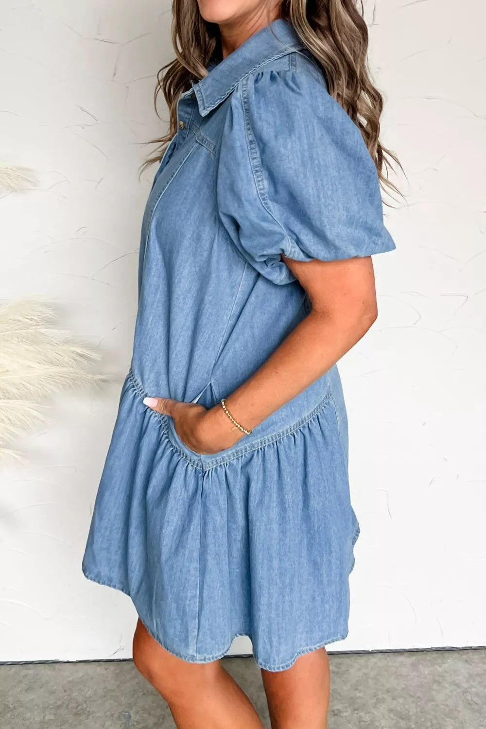 Puff Sleeve Ruffle Hem Denim Shirt Dress in Light Blue