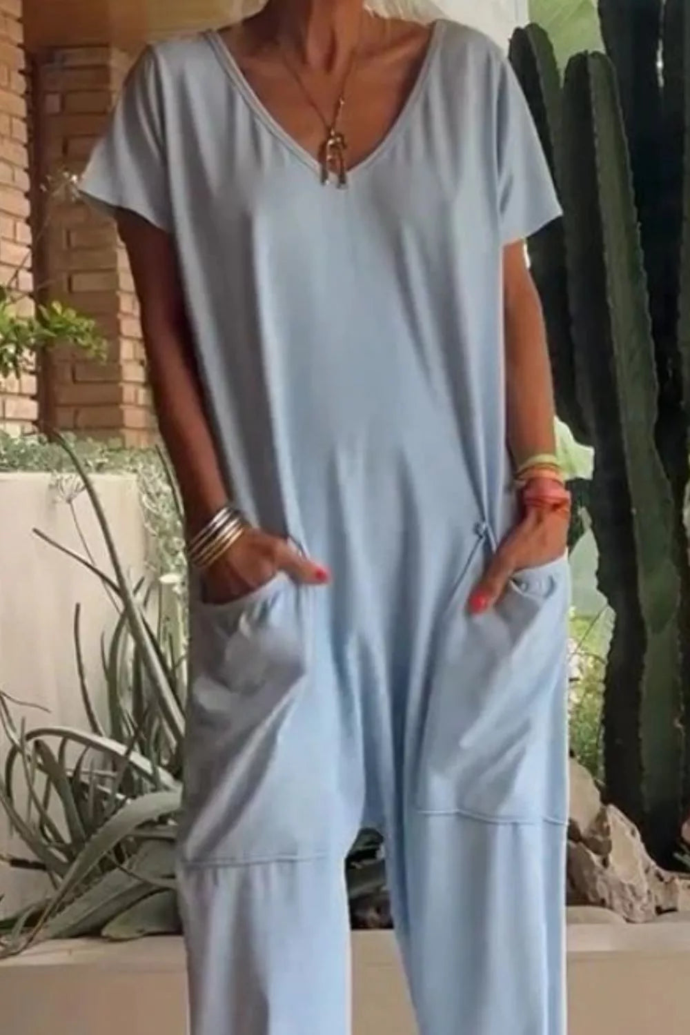 V-Neck Short Sleeve Jumpsuit with Pockets