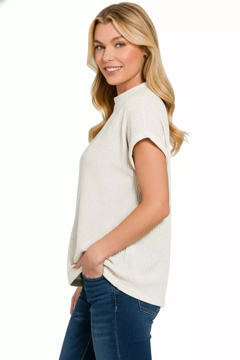 Zenana Chenille Waffle Cap Sleeve Sweater in Ivory
